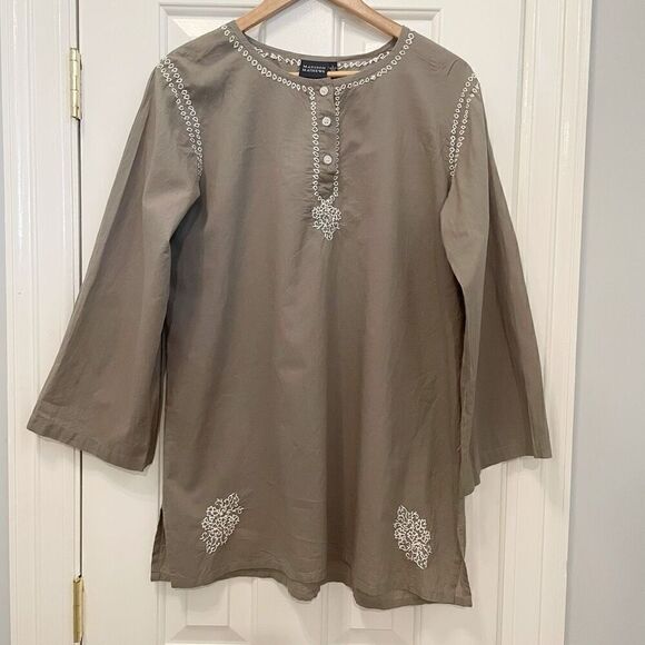 Madison Mathews Tunic Shirt Top Blouse Olive Green Size Large 100% Cotton - Picture 1 of 6